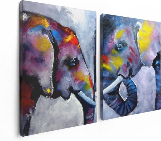 Artaza Canvas Schilderij Tweeluik Twee Getekende Olifanten - Abstract - 120x80 - Foto Op Canvas - Canvas Print