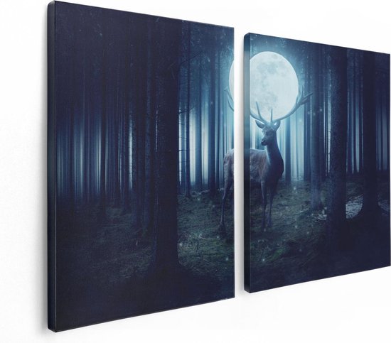 Artaza Canvas Schilderij Tweeluik Hert In Het Bos Tijdens Volle Maan - 120x80 - Foto Op Canvas - Canvas Print