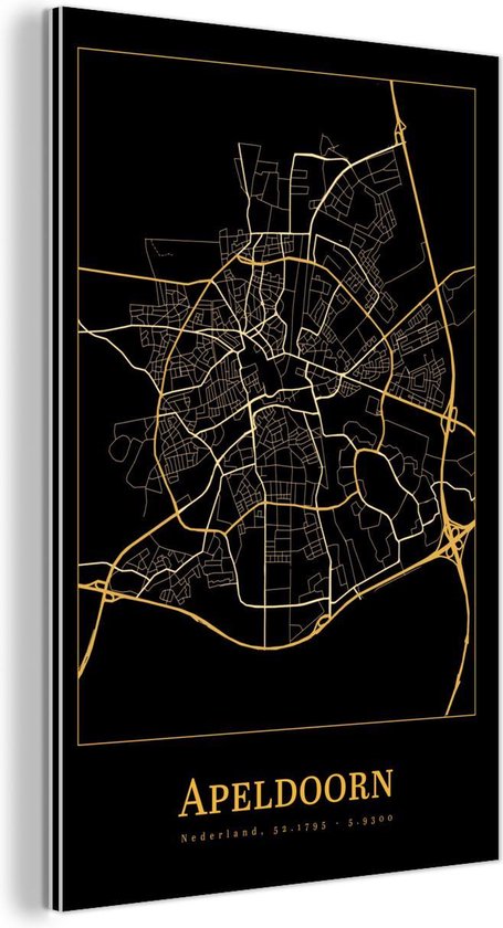 Décoration murale Métal - Aluminium - Carte - Apeldoorn - Zwart - Or - 20x30 cm