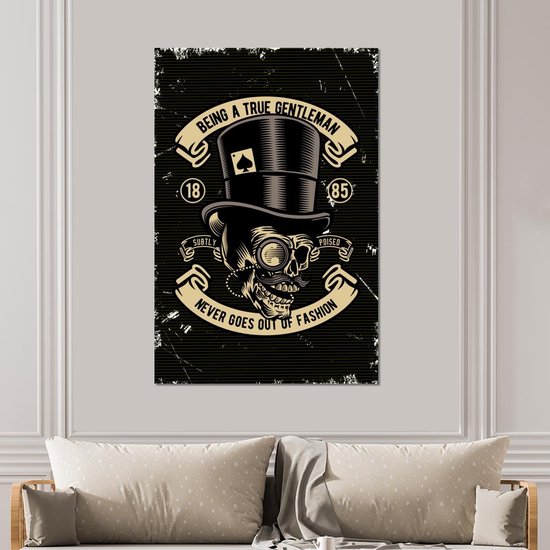 Aluminium schilderij 100x150 cm - Wanddecoratie metaal - Doodskop - Hoed - Retro - Tekening - Metalen muurdecoratie woonkamer - Decoratie industrieel - Foto op dibond - Industriële accessoires slaapkamer