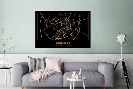 Aluminium schilderij 180x120 cm - Wanddecoratie metaal - Kaart - Münster - Duitsland - Goud - Zwart - Metalen muurdecoratie woonkamer - Decoratie industrieel - Foto op dibond - Industriële accessoires slaapkamer