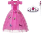 Het Betere Merk - Prinsessenjurk meisje - Roze vlinders - Verkleedkleren meisje - Maat 104/110 (110) - Toverstaf - Kroon - Tiara - Roze jurk - Fuchsia - Carnavalskleding kinderen