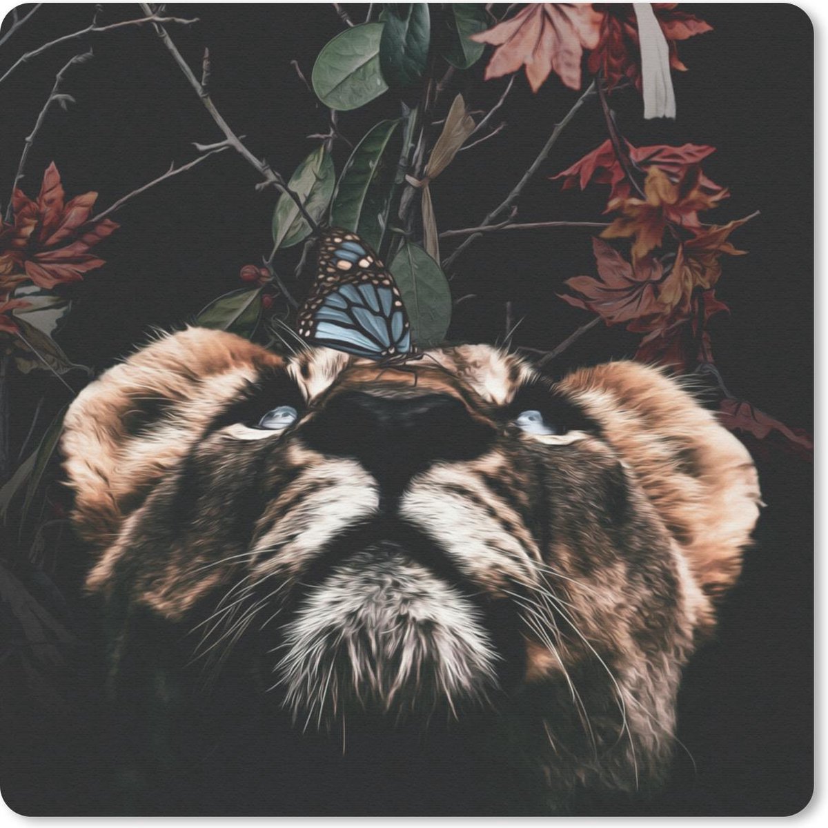 Muismat 20x20 cm - Mousepad Tijger - Bloemen - Vlinder - Muismatten