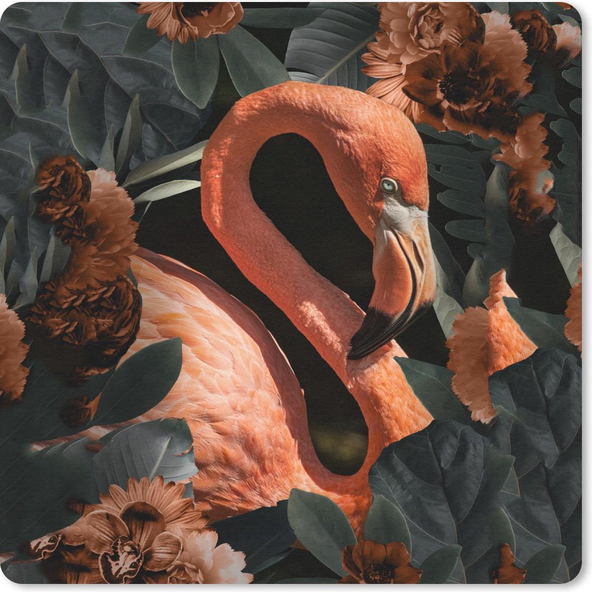Muismat 30x30 cm - Mousepad Flamingo - Vogel - Bloemen - Bladeren - Muismatten