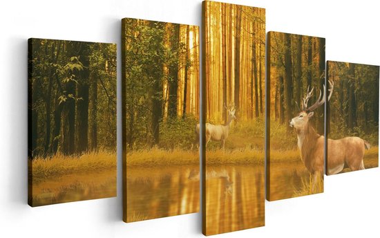Artaza Canvas Schilderij Vijfluik Twee Herten In Het Bos Bij Het Water - 100x50 - Foto Op Canvas - Canvas Print