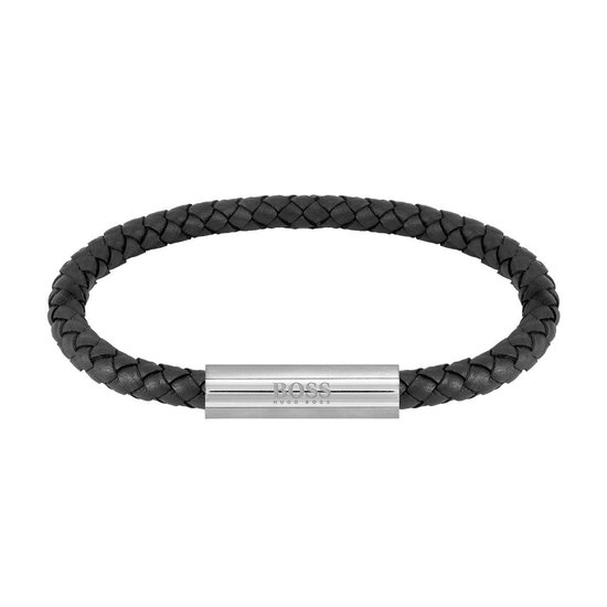 BOSS HBJ1580152 BRAIDED LEATHER Heren Armband - Gevlochten armband - Sieraad - Leer - Zwart - 6 mm breed - 19 cm lang
