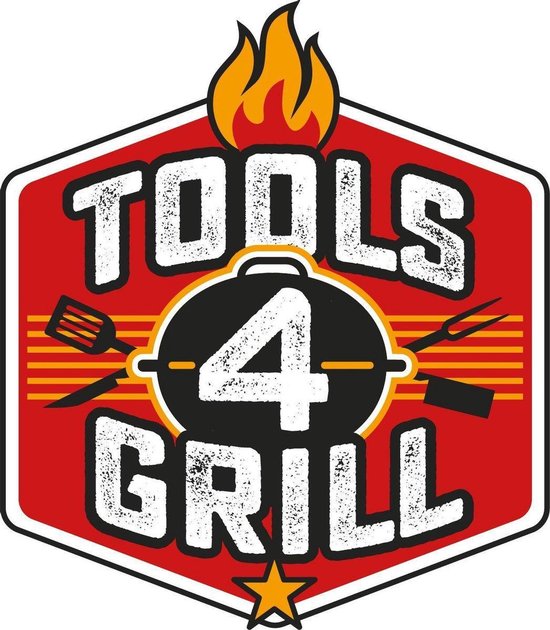 Rood, zeshoekig "Tools4Grill" logo met vlammen en barbecuegereedschap.