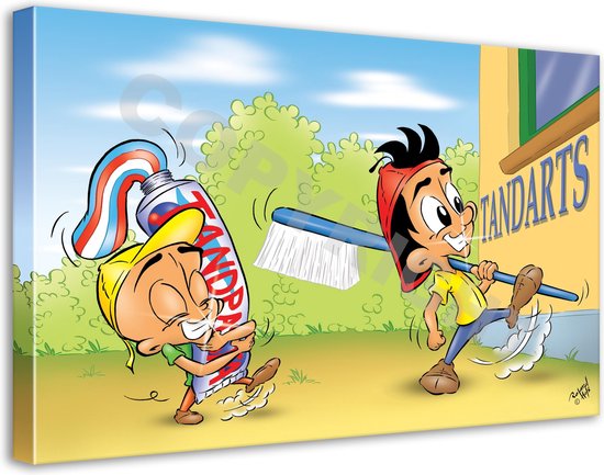 Tandarts Cartoon op canvas - Roland Hols - Grote tandenborstel - 90 x 120 cm - Houten frame 4 cm dik - Orthodontist - Mondhygiënist