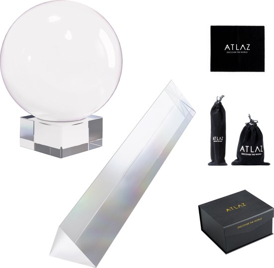 ATLAZ Kristallen Prisma 15 CM & Bol 8 CM Incl. Houder, Microvezeldoek & Opbergtas - Lensbal - Fotografie & Decoratie