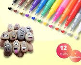 Acryl stiften 0,7mm tip - Incl. Tekensjabloon - Stiften -  Markers - Verfstiften - Acrylverf - Acrylstiften - Krijtstiften - Happy Stones - Stenen schilderen - Tekenset - 12 Kleuren