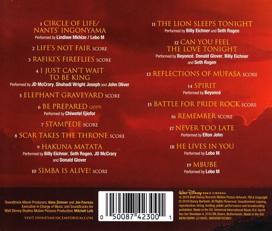 De achterkant van de soundtrack-cd van The Lion King met de tracklist.