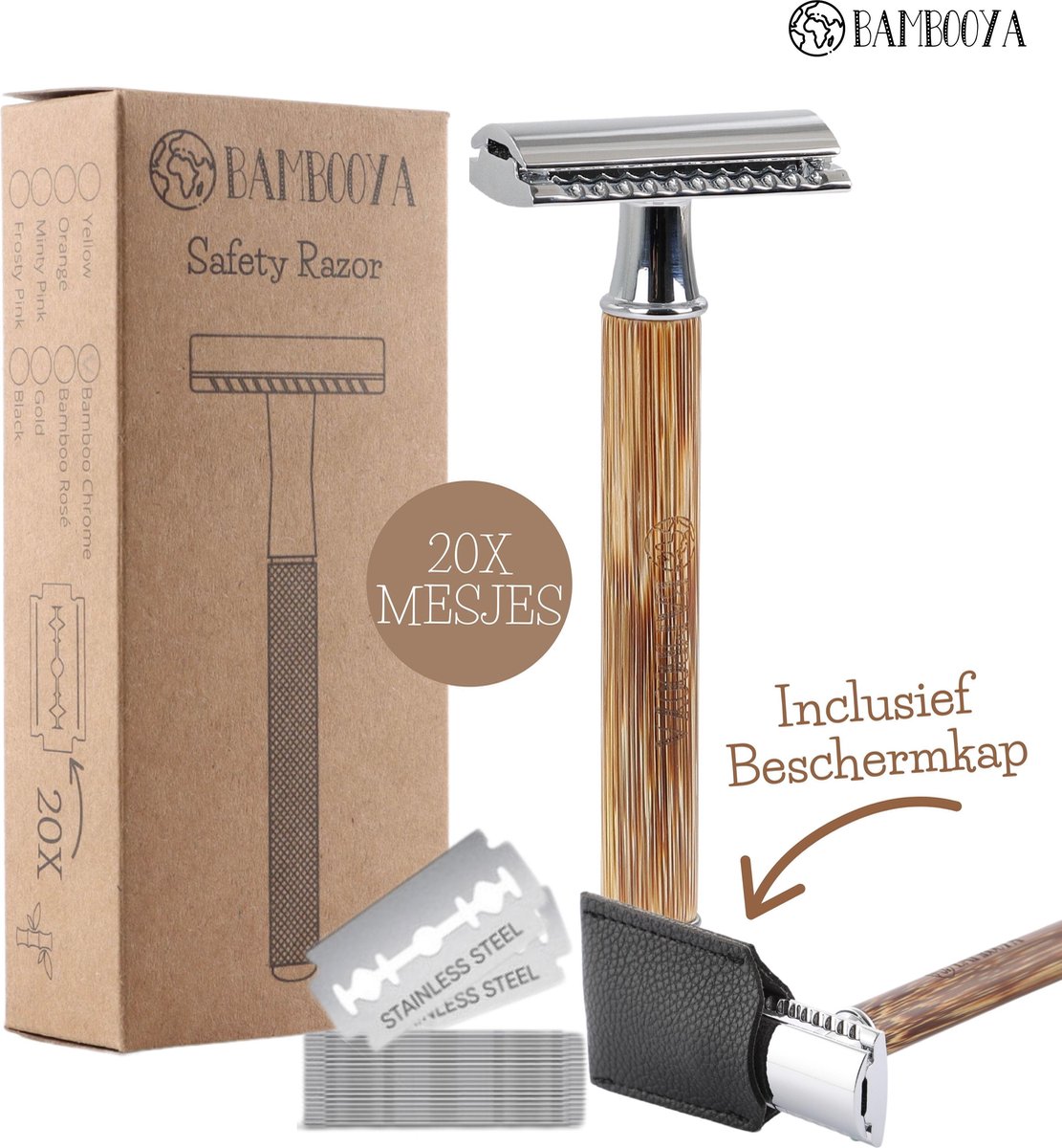 Bambooya Safety Razor + 20 scheermesjes + Beschermkap - Unisex Scheermes voor Mannen Vrouwen - Double Edge Single Blade - Zero Waste Duurzaam Scheren - Bamboo Chrome