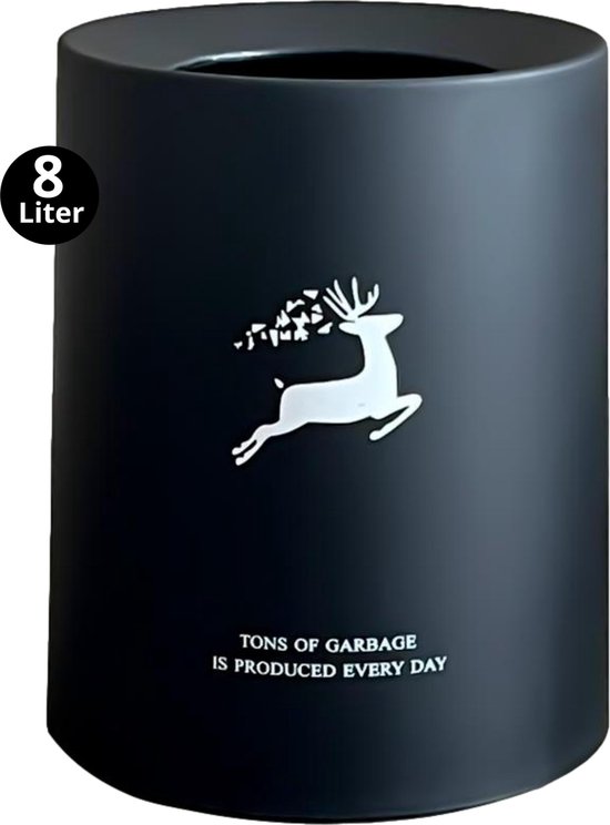 Buvel Prullenbak - Afvalbak - Papierbak - Vuilbak - Zwart - Wit - 8ltr Springend Hert