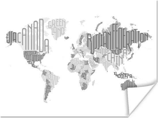 Wereldkaart met verschillende grijstinten Poster | Wereldkaart Poster 80x60 cm