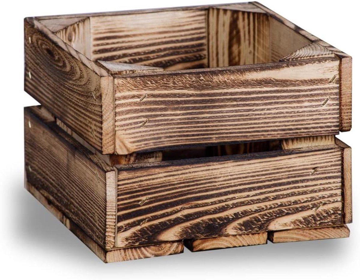Houten Fruitkisten - Wijnkisten Opslagbakken - Opbergen Decoreren - Gevlamd Rustiek Uiterlijk - 22x20x15cm - Houtkleur