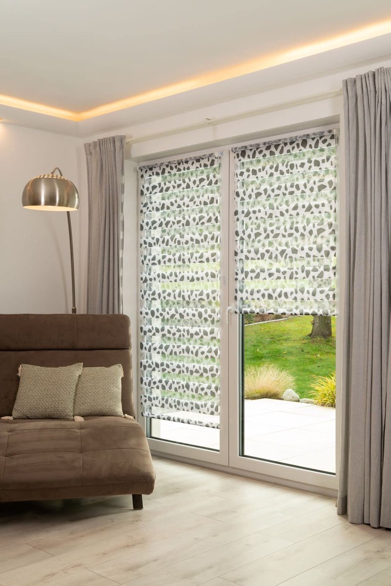 SnelShoppen - Dubbel Rolgordijn Madrid 150cm zonder boren, steen grijs bedrukt, ideaal voor woonkamer, slaapkamer, keuken of kinderkamer