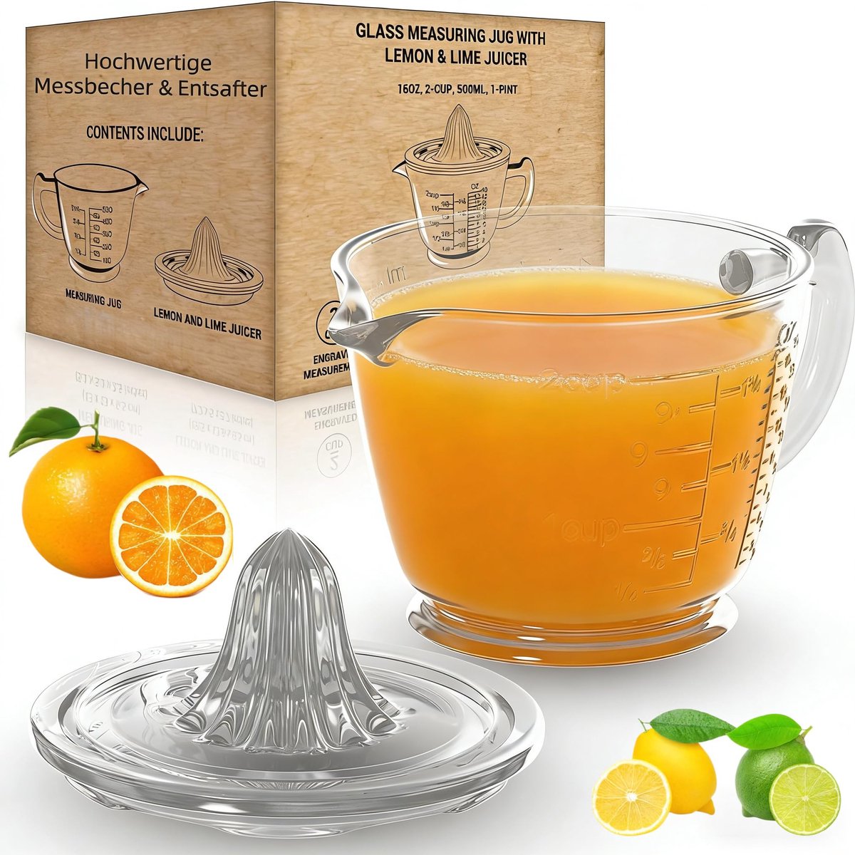 SnelShoppen - Premium Glazen Maatbeker met Citroen- en Limoenpers 500 ml - BPA-vrij, Vaatwasmachinebestendig, Ideaal voor Keuken, Feest en Camping