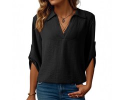 Dames T-shirt met V-hals korte mouwen, lichtgewicht zomerblouse-Zwart-S