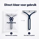 Détachant pour poils de chat FURTASTIC® bleu foncé, avec emballage protecteur à gauche et prêt à l'emploi à droite.