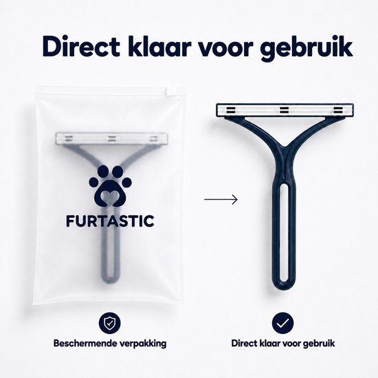 Détachant pour poils de chat FURTASTIC® bleu foncé, avec emballage protecteur à gauche et prêt à l'emploi à droite.
