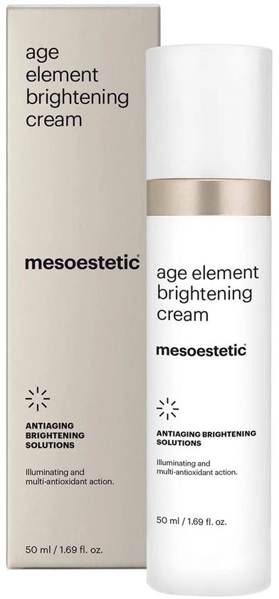 Mesoestetic Age Element Brightening Cream: witte pompflacon met beige doos. Bevat 'Age element brightening cream' en 'antiaging brightening solutions'.