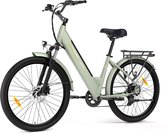 Lichtgroene elektrische fiets met bagagedrager en voorvering.