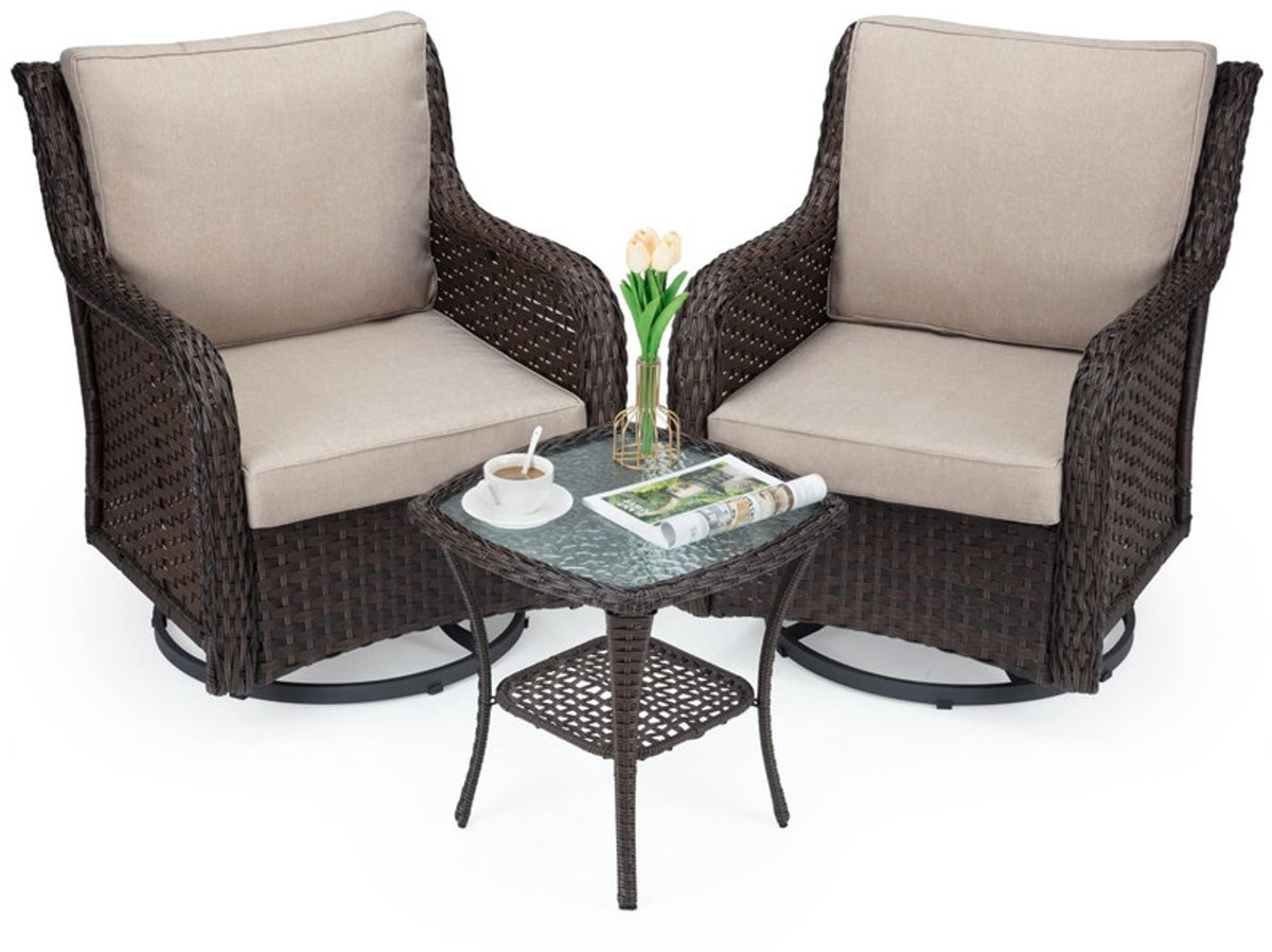 Triumpunpre Rotan Tuinset met Draaistoelen - 3-Delige Bistroset voor Balkon Terras - Aprikozenkleurig Gevlochten Design - Weerbestendig Kunststof & Staal - 76x70x88,5 cm
