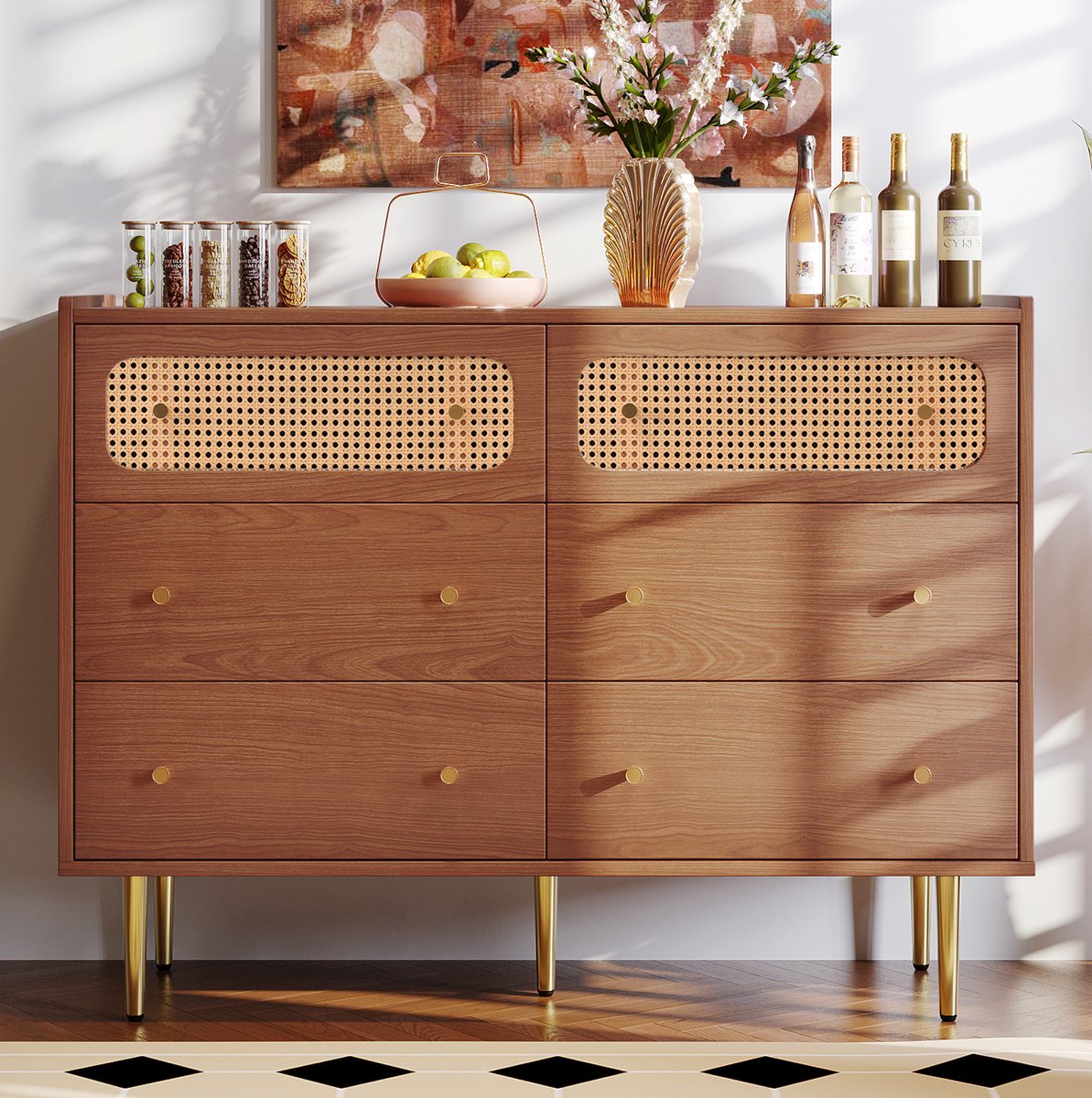 COVREO Dressoir 120 x 40 x 90 cm – 6 lades, walnootkleur, metalen poten