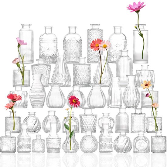 SnelShoppen - 40 stuks glazen bud vaasjes, mini-vazen voor bloemen, schattige rustieke bulkvaasjes voor huisdecoratie, tafeldecoratie, bruiloft, babys