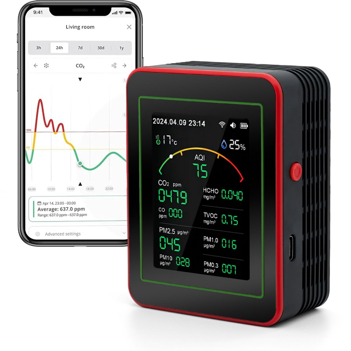 Rayofi co2 meter - luchtkwaliteitsmeter binnen - Draagbaar & oplaadbaar - 15-in-1-co2 melder deeltjesmeter - wordt gebruikt om koolstofdioxide, temperatuur en luchtvochtigheid te meten - met smartphone-app - zwart