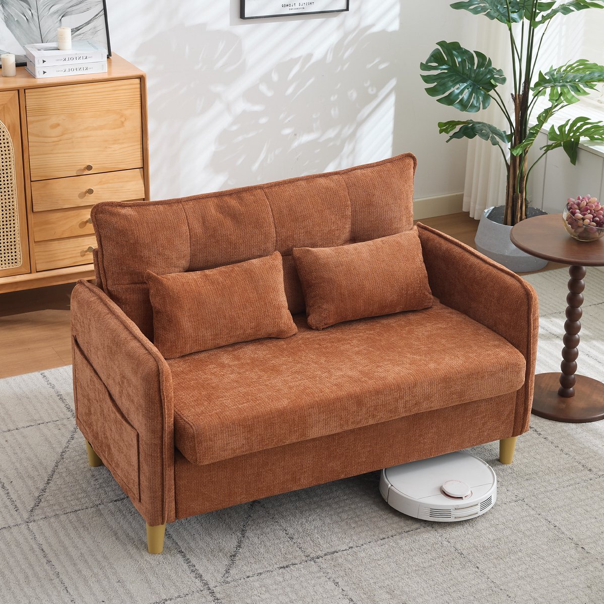 COVREO 2-zitsbank 127 cm bruin - chenille, armleuningen en opbergtasjes Brown