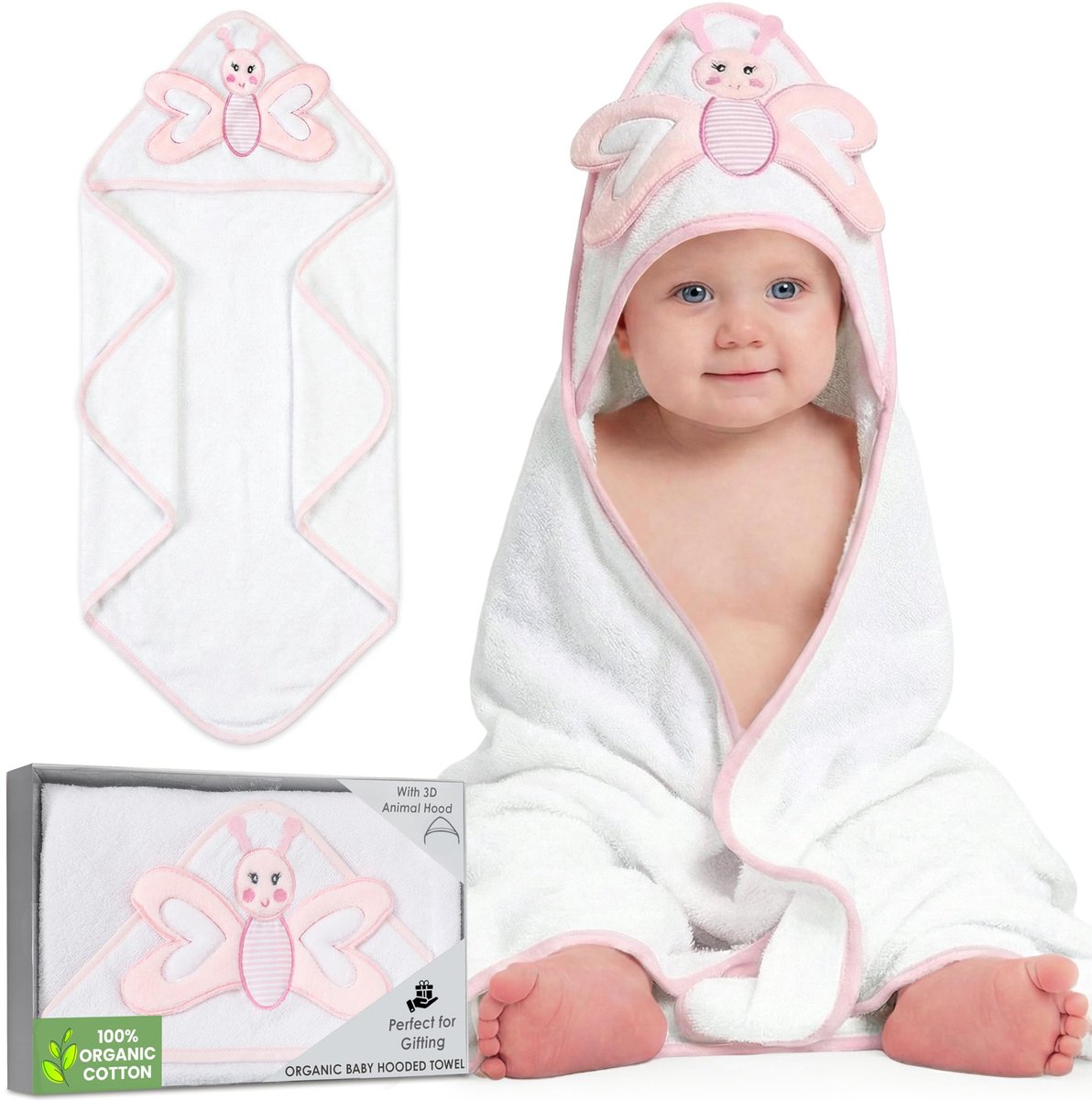 SnelShoppen - Babyponcho met capuchon - 84 x 84 cm, ultrazacht en absorberend badponcho voor pasgeborenen en baby's, 3D vlinderontwerp - Ideaal voor n