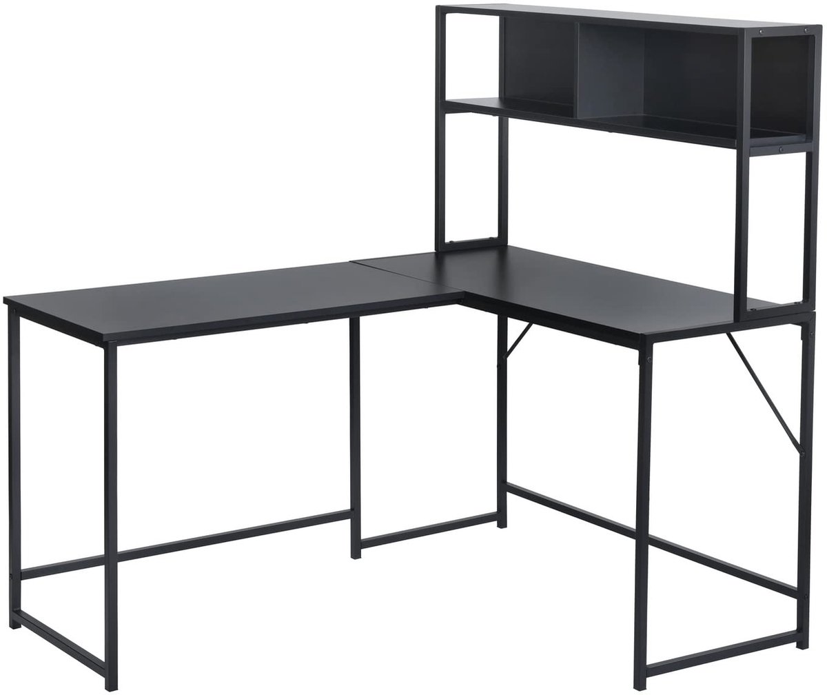 SnelShoppen - HOMYLIN L-Shape Hoekbureau Gaming Bureau Groot met 2 Metalen Planken Modern Minimalistisch Zwart Hout 138 x 110 x 75-135 cm