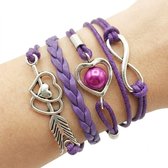 Paarse wikkel armband voor dames – imitatieleer armband met infinity teken, hartjes en pijl bedel