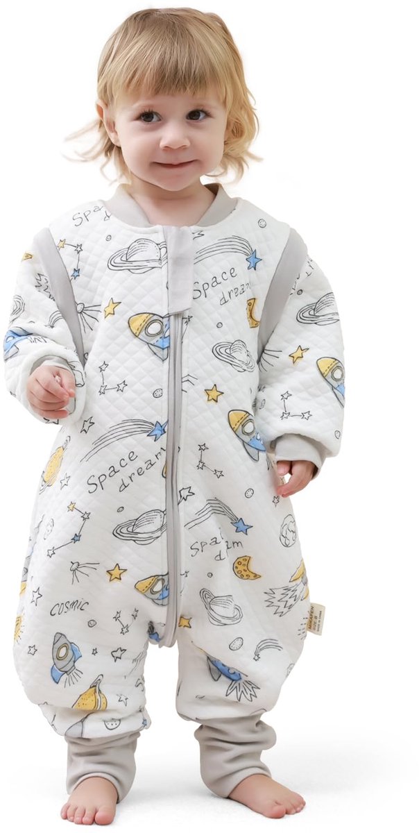 SnelShoppen - Babyslaapzak met Voeten 2,0 Tog - Katoenen Kinderslaapzak voor het Hele Jaar - Afneembare Mouwen - Ruimteschip - Geschikt voor 6-18 Maan