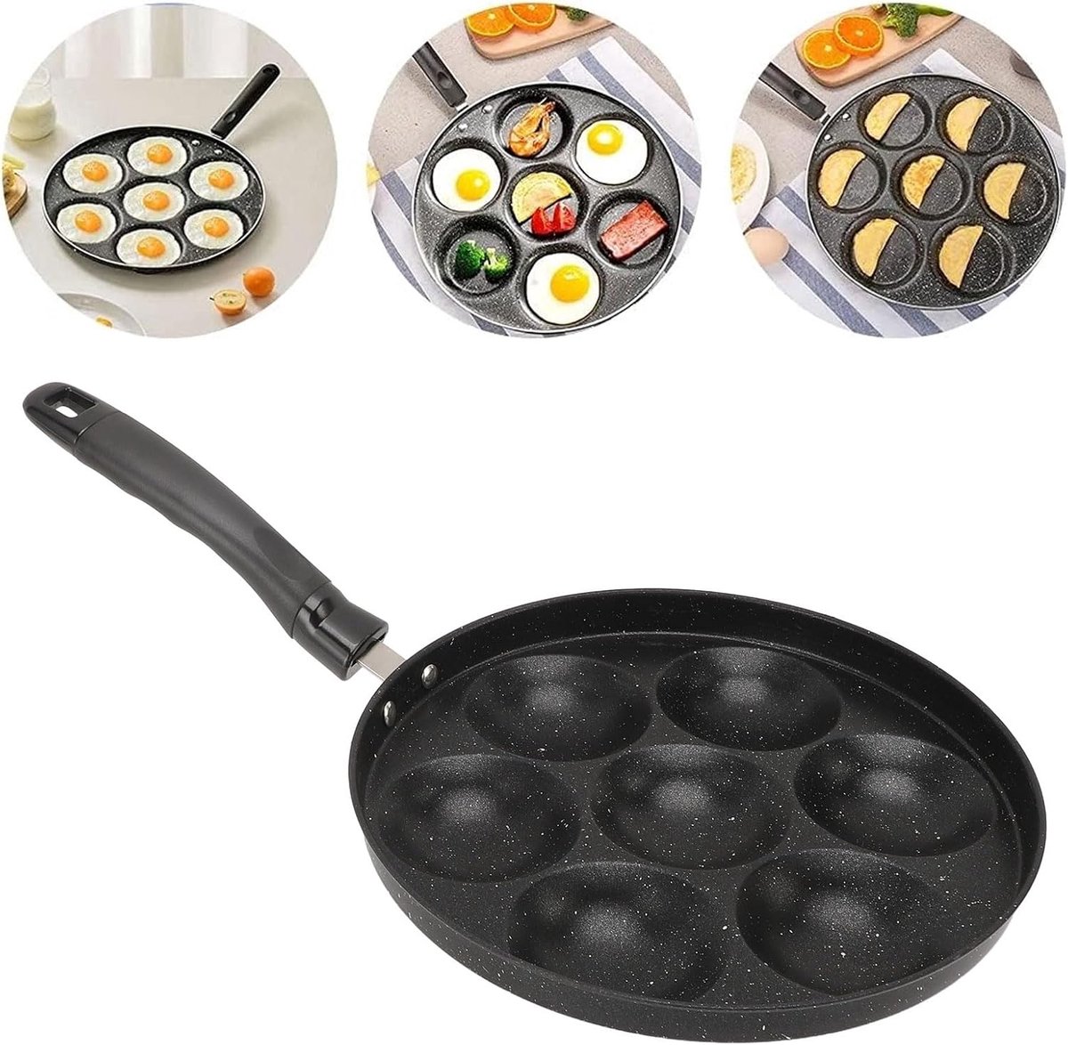 Eierpan 7 Gaten - Koekenpan Ontbijt - Ontbijt Maken - Maifan Steen Coating - 26 cm - Zwart