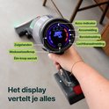 Steelstofzuiger handvat met digitaal display dat batterijstatus, zuigstanden en meldingen toont.