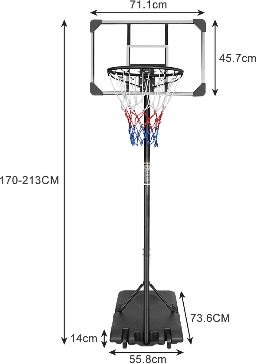 Basketbalstandaard Verstelbaar 170 Tot 213 Cm Met Wielen Metaal Kunststof Zwart Voor Binnen En Buiten Voor Jongeren En Volwassenen