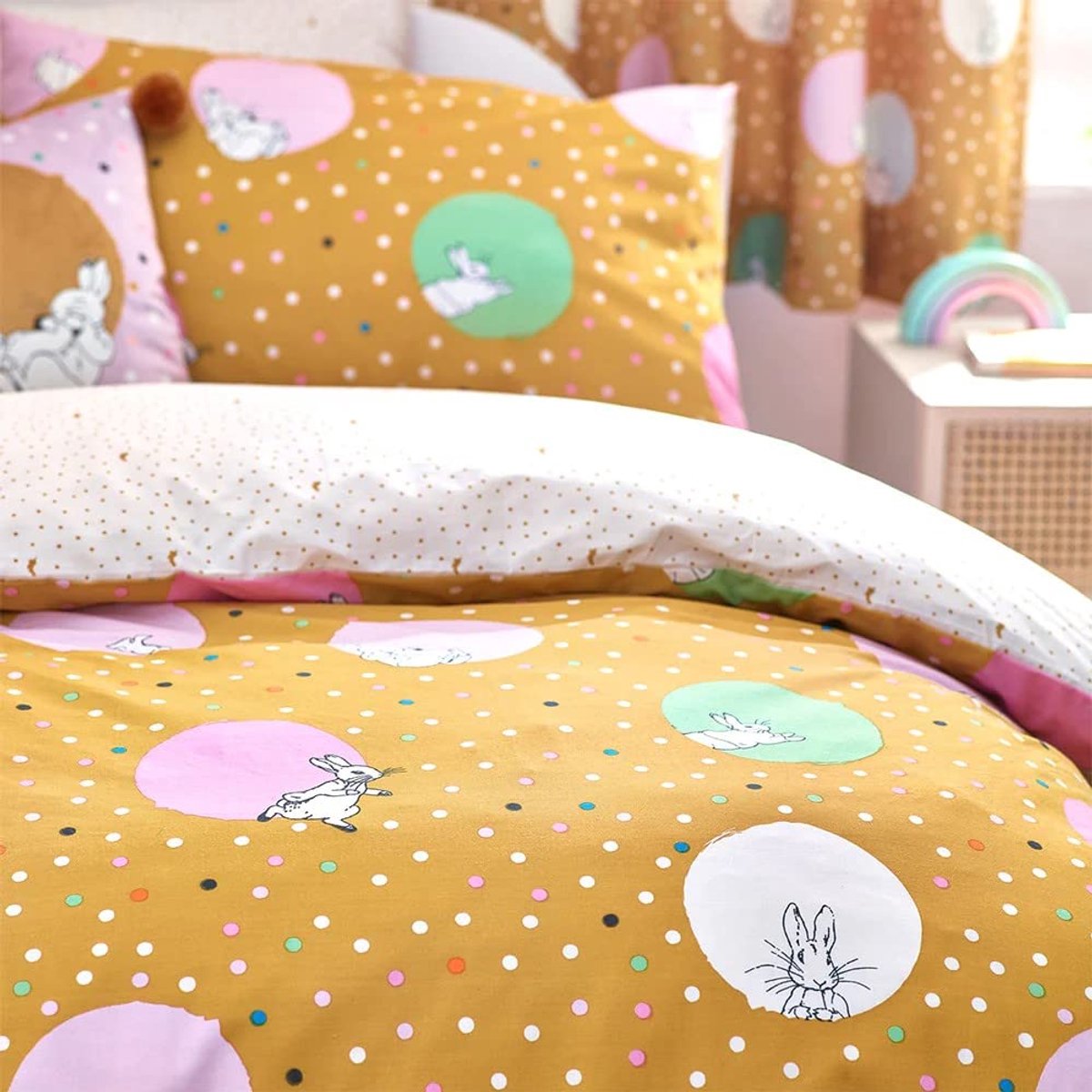 SnelShoppen - Peter Rabbit™ Dotty Tweepersoons Dekbedovertrekset - Polyester Katoen Oker - Kinderdekbed - Gezellig en Speels - Perfect voor Kinderen e