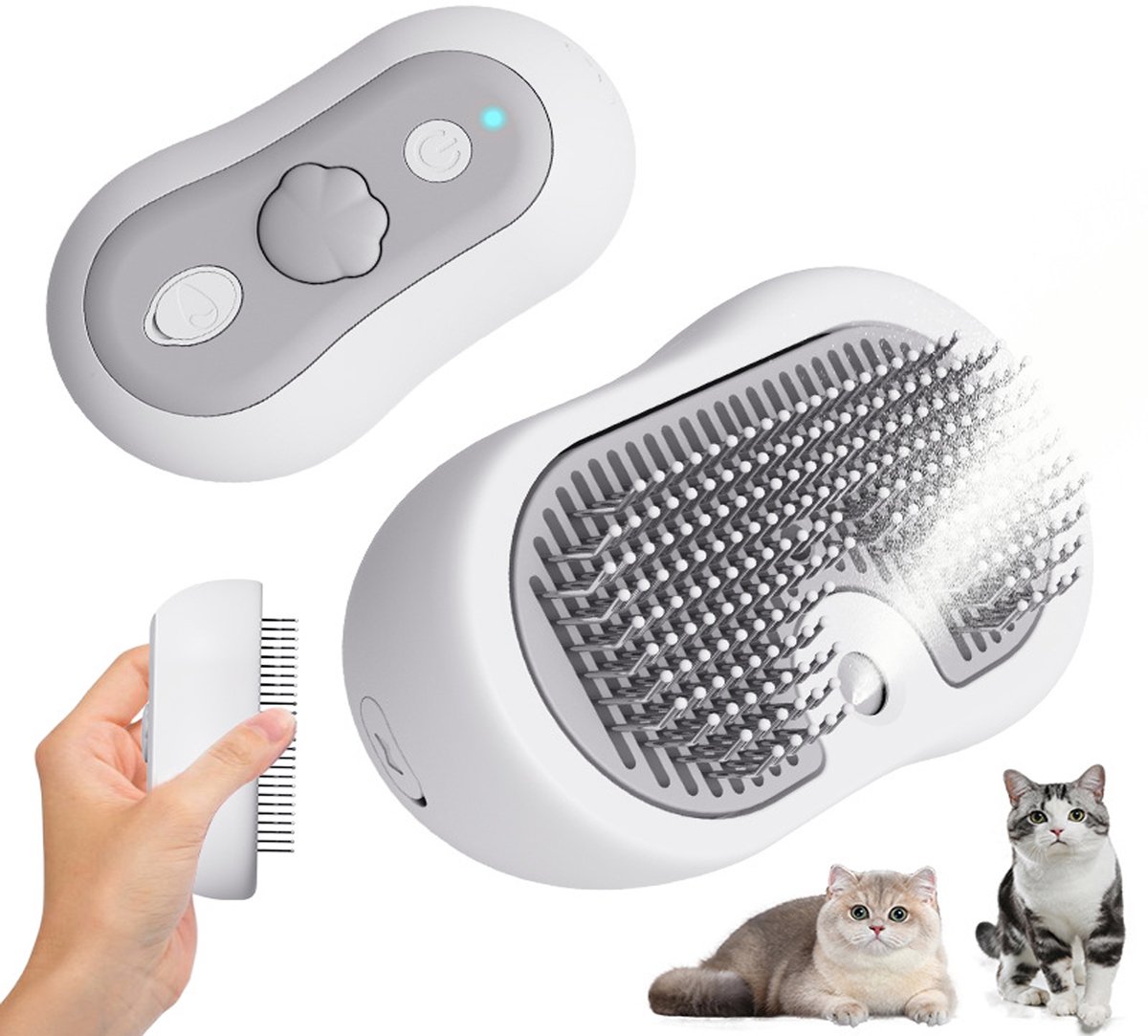 KZQ Stoomborstel en anti-statische ontklitkam voor katten honden en konijnen - Verwijdert losse haren en klitten - Geschikt voor lang en kort haar - Grijs