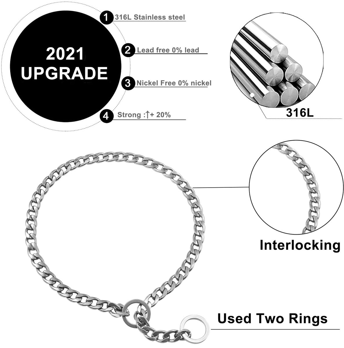 SnelShoppen - Verstelbare Choke Halsband voor Hondentraining, Roestvrij Staal, 60 cm, Zilver, Geschikt voor Kleine, Middelgrote en Grote Honden