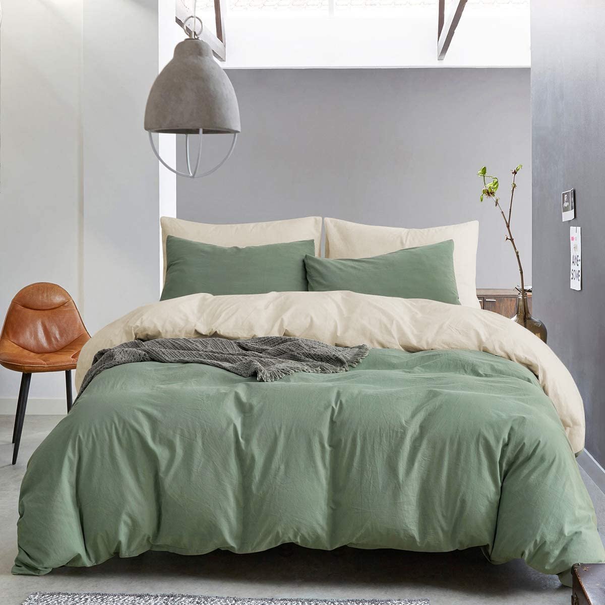 SnelShoppen - Tweepersoons Dekbedovertrek Set Saliegroen en Abrikoos Omkeerbaar Beddengoed Set Microfiber 200 x 200 cm met Ritssluiting en 2 Kussenslo