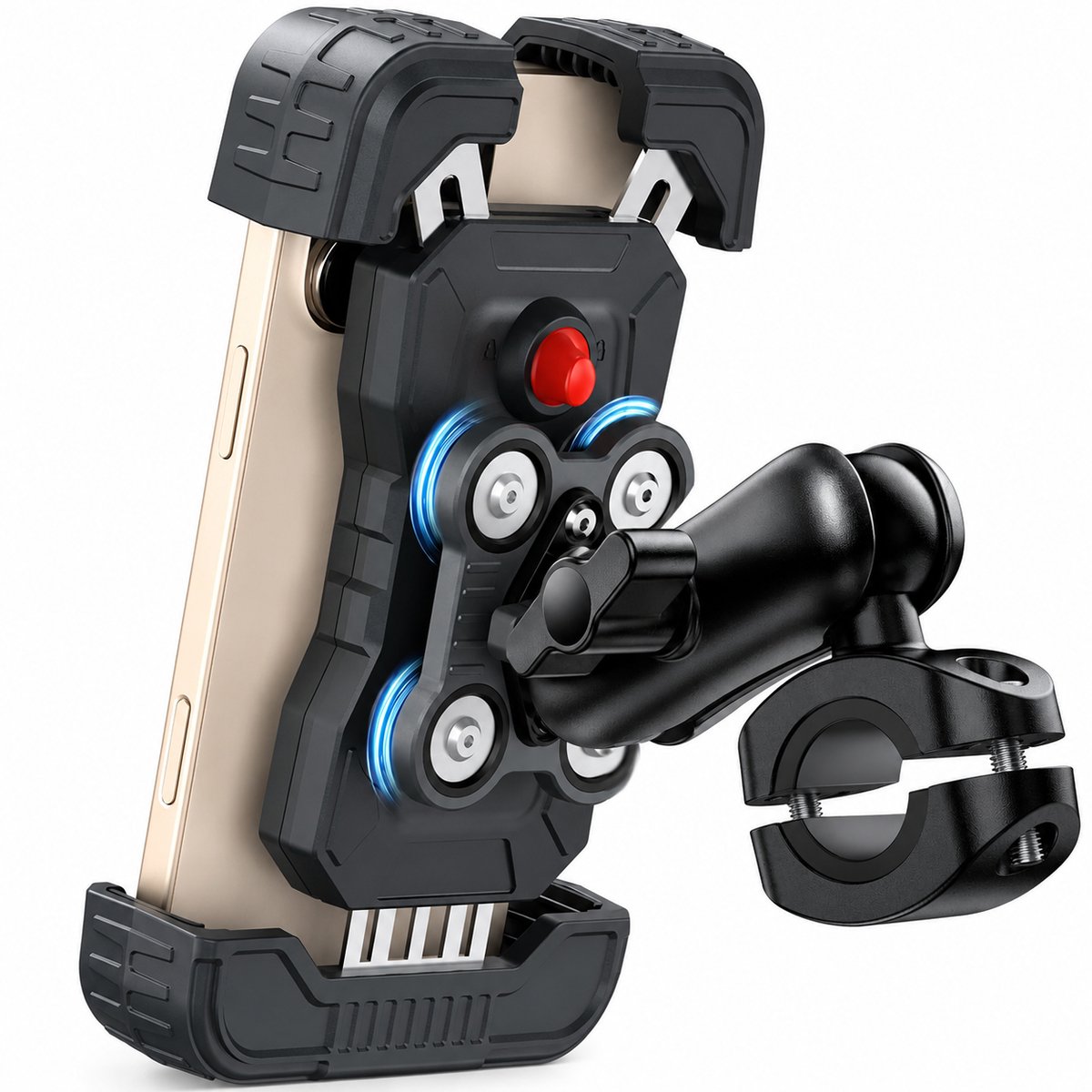 Gloovon® Telefoonhouder Motor - Met Schokdemper - Anti-Diefstal - Universeel voor Fiets - Stuurbevestiging Aluminium - Zwart