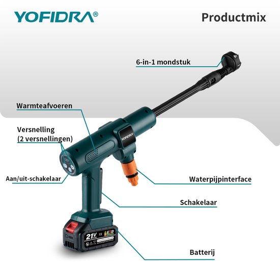 Yofidra Accu Hogedrukreiniger - 70 bar Draadloze Hogedrukreiniger - met 2x Accu's - 6-in-1 verstelbaar mondstuk - Mobiele drukreiniger - Voor Auto, Fiets, Terras en Tuin van Yofidra — afbeelding 3