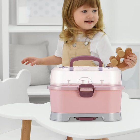Babyfles Droogrek - Flessenhouder Organizer - Baby Spullen Opbergen - Stofdichte Opslag - 35x27x25 cm - Roze — afbeelding 2