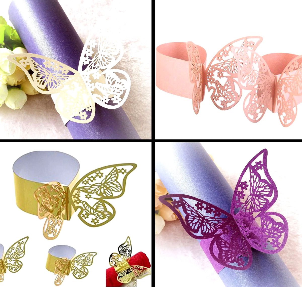 SnelShoppen - Duories Vlinders Papieren Servetringen - Tafeldecoratie Servethouder - 50 Stuks Wit - Perfect voor Bruiloft, Avondeten, Jubileum, Verjaa