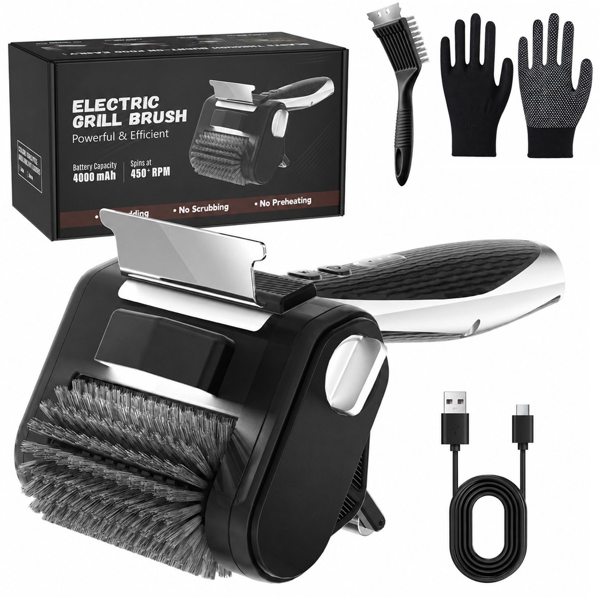 Rosnek Elektrische BBQ Borstel – Draadloze Barbecueborstel - Grillreiniger – 450 RPM, 4000 mAh Accu, LED-Licht en RVS-Schraper – Oplaadbare Grillborstel voor Gasbarbecue, Houtskoolbarbecue, Grillrooster en Bakplaat