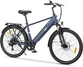 Blauwe elektrische fiets met bagagedrager achter, 26 inch wielen, vering voor, en dubbele schijfremmen.