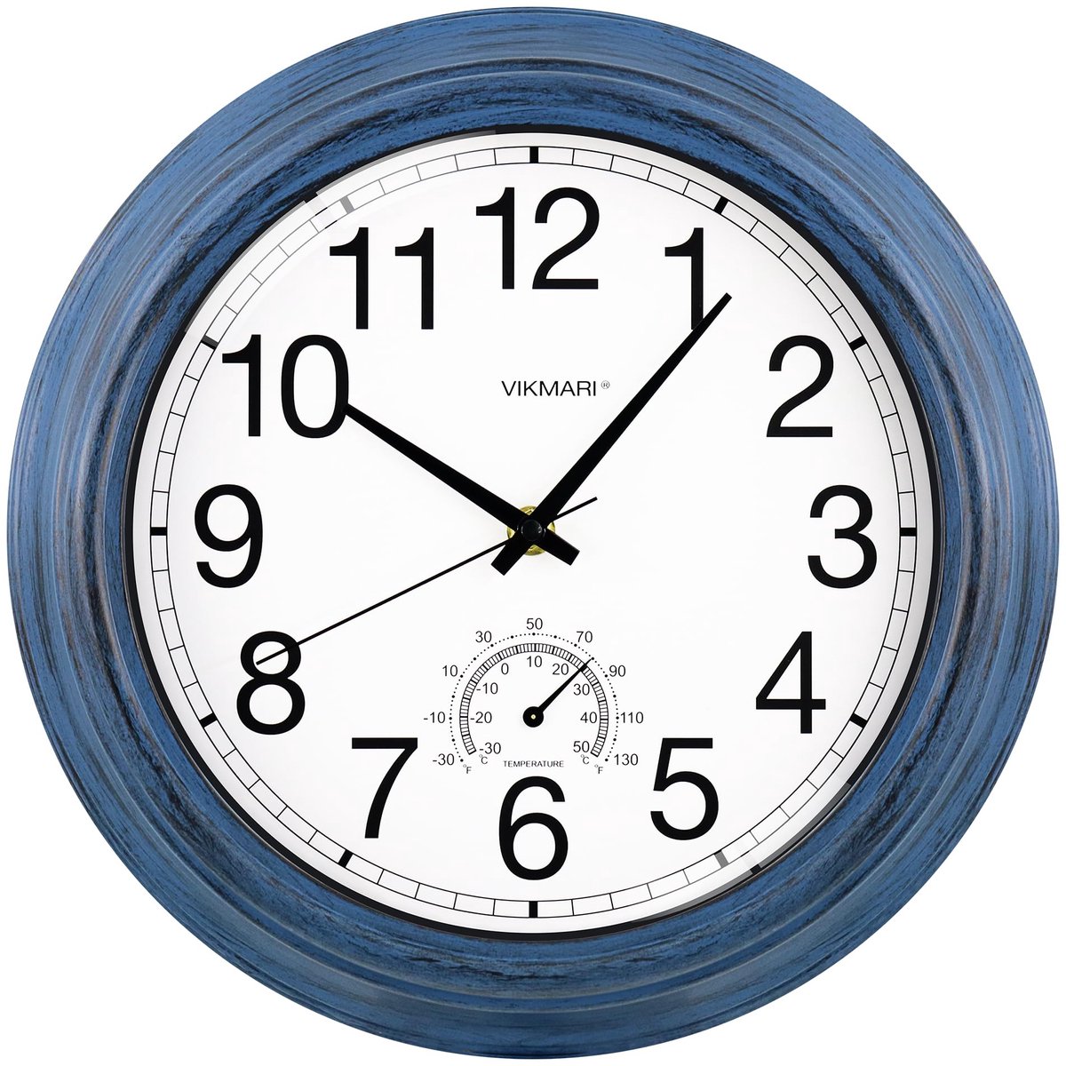 SnelShoppen - Wandklok 30 cm Indigo Waterdicht Binnen Buiten Stil met Thermometer voor Tuin, Terras, Ronde Arabische Cijfers, Batterij-aangedreven