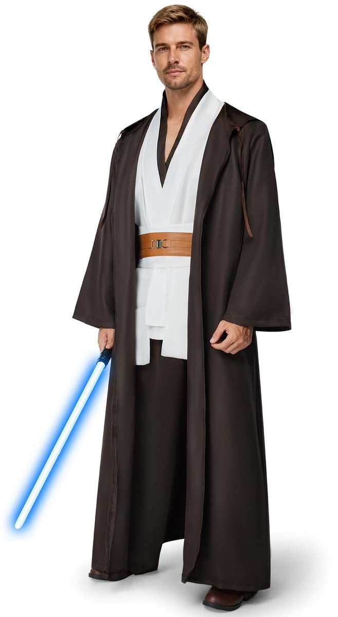 SnelShoppen - Jedi-kostuum voor heren met capuchon, middeleeuwse tuniek en blauwe lichtsaber, volwassenen, Halloween, carnaval, luxe outfit (wit, M)
